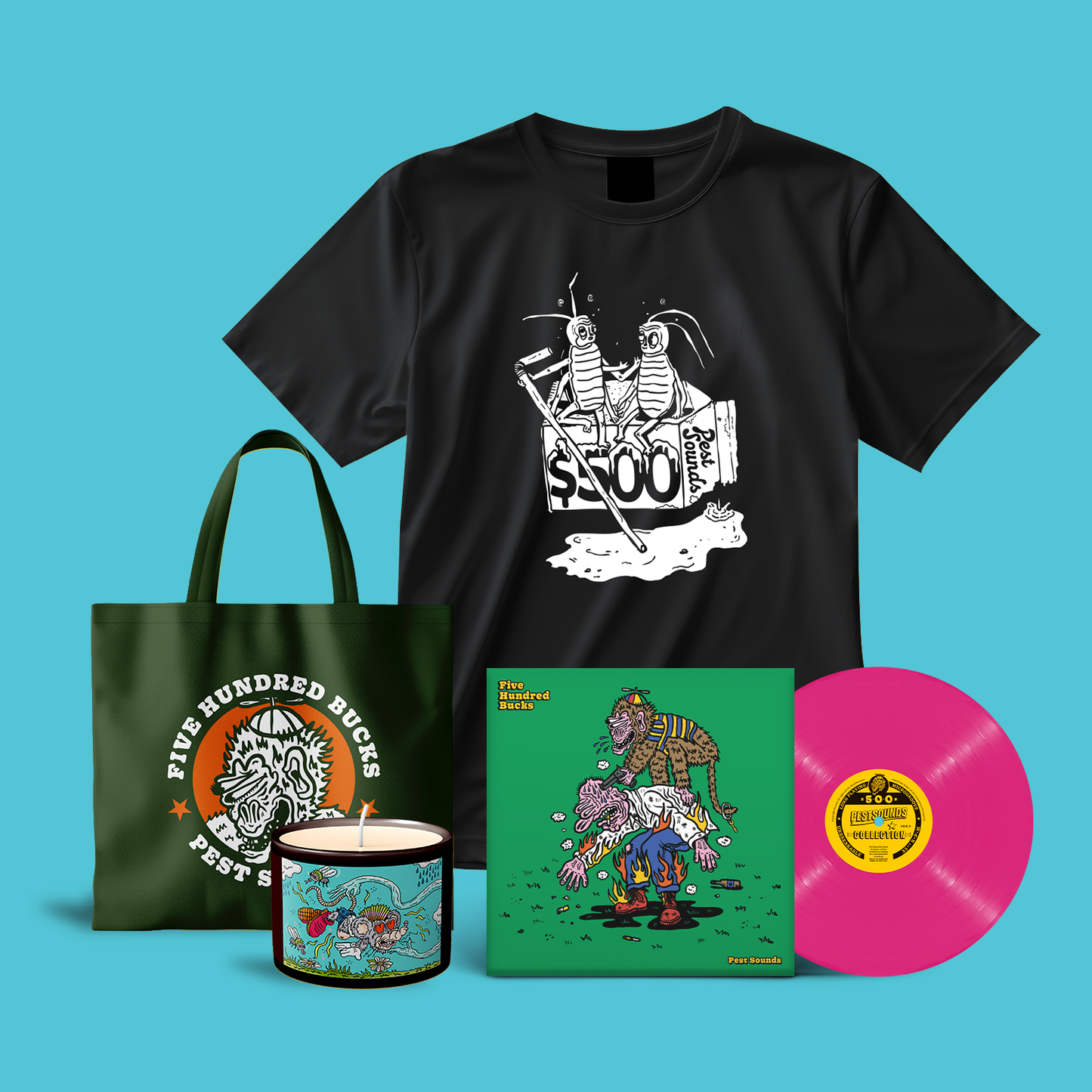 PRE-ORDER: Five Hundred Bucks 'Pest Sounds' Bundle (Includes Vinyl, T-Shirt, Tote, and Candle)