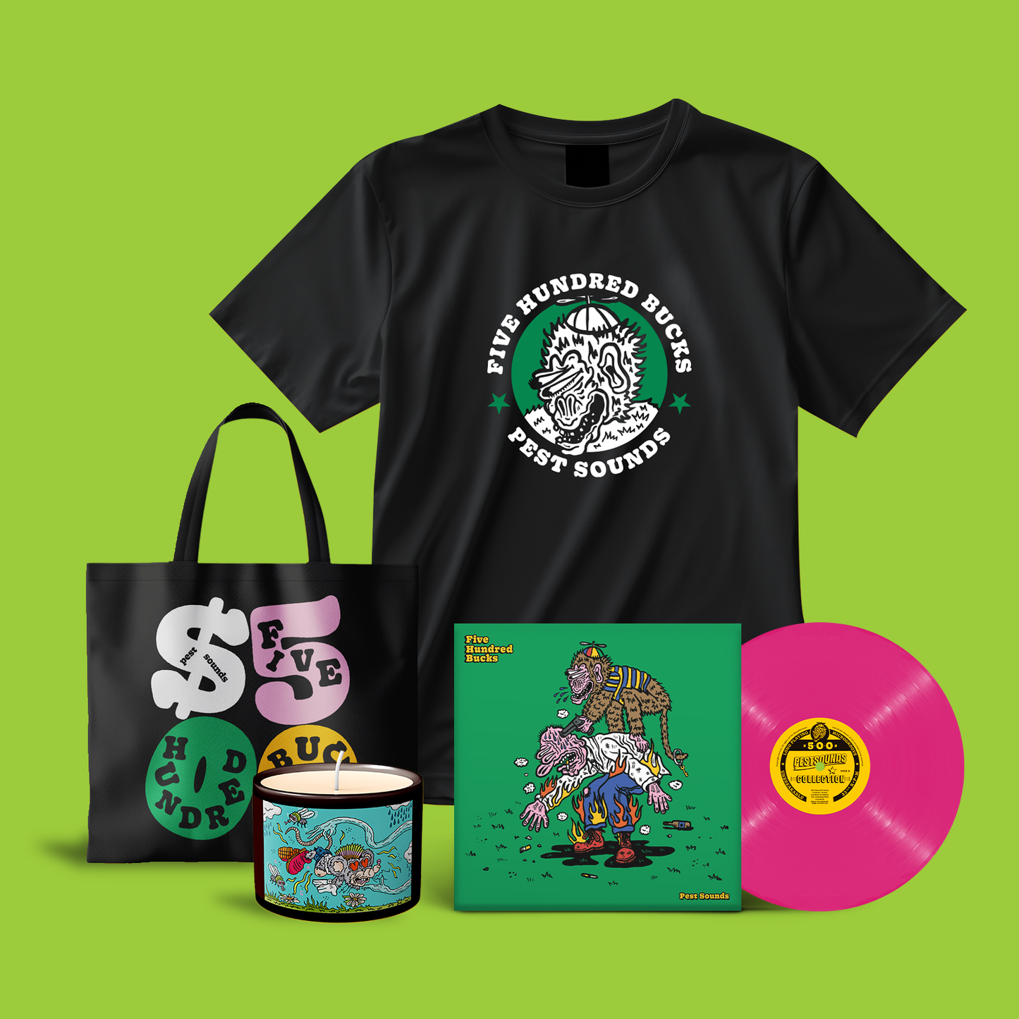 PRE-ORDER: Five Hundred Bucks 'Pest Sounds' Bundle (Includes Vinyl, T-Shirt, Tote, and Candle)