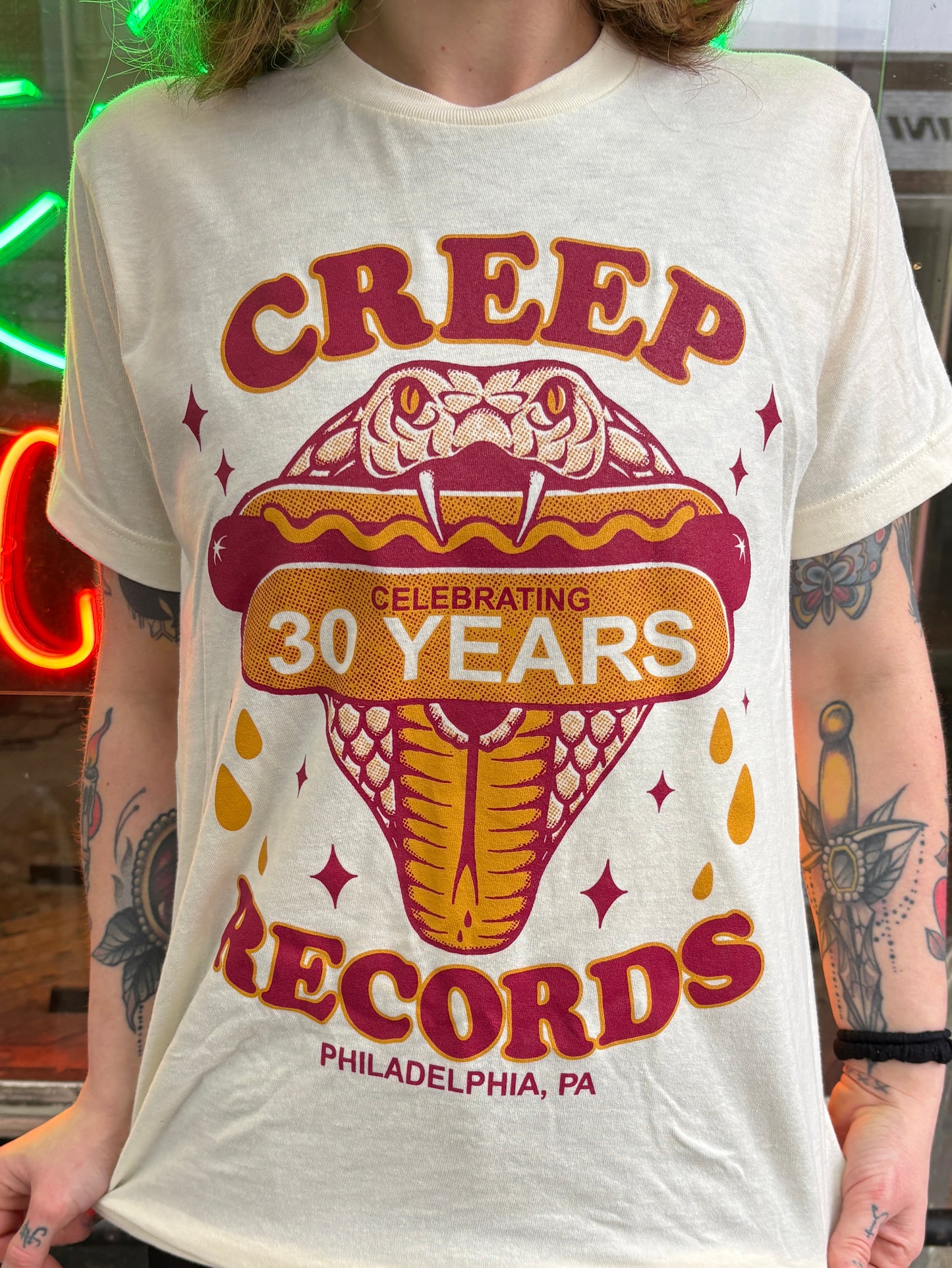 Limited Edition Creep Records 30th Anniversary T-shirt in Tan.
